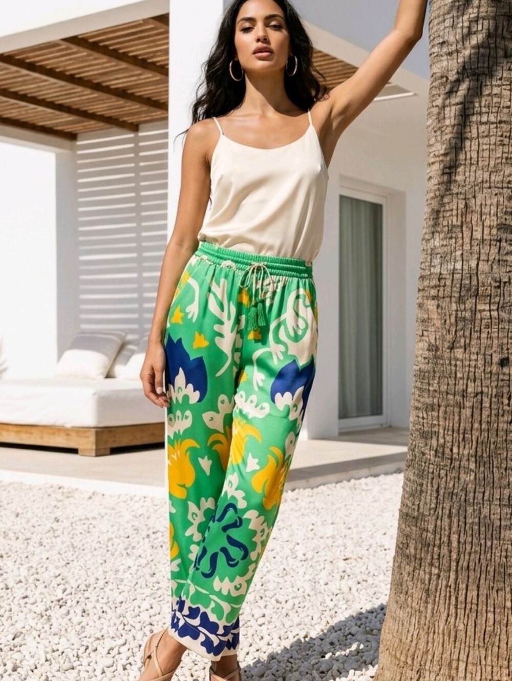 Rachel Zoe Tropical Floral Wide Leg Pants Green Blue Yellow Size Medium
